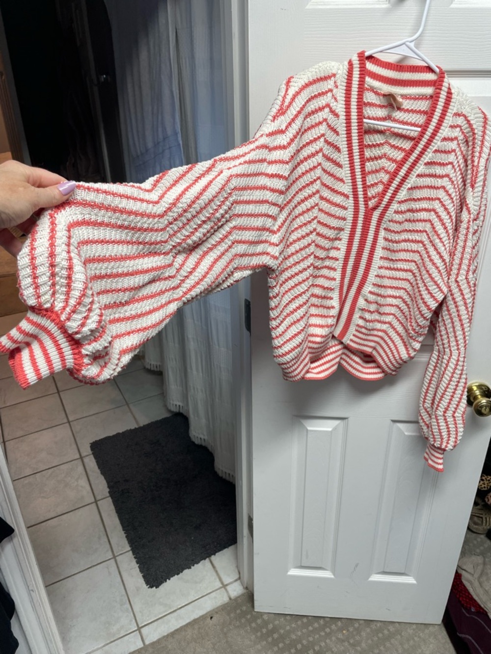 Striped V-Neck Knit Sweater in Cream & Coral - Picture 2 of 3
